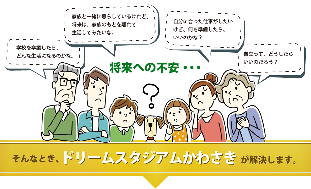 将来への不安・・・　学校を卒業したら、どんな生活になるのかな。　家族と一緒に暮らしているけれど、将来は、家族のもとを離れて生活してみたいな。　自分に合った仕事がしたいけど、何を準備したら、いいのかな？　自立って、どうしたらいいのだろう？　そんなとき、ドリームスタジアムかわさきが解決します。